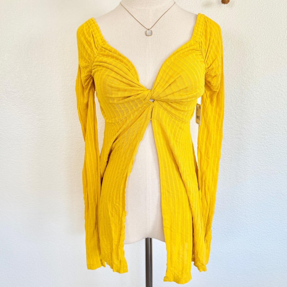 🌞 FREE PEOPLE Yellow Ribbed Twist Front Open Front Long Sleeve Tunic Top